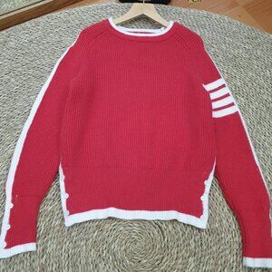 Red White Stripe Arm Knit Sweater Side Button Detail